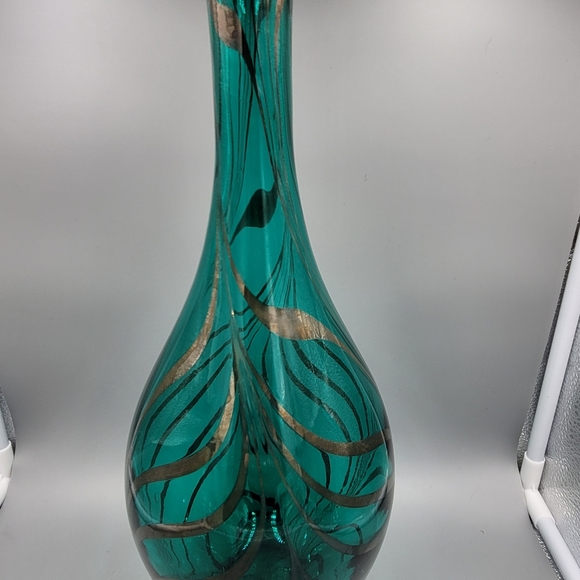 Handmade Aqua Teal Blue Glass Vase Silver Overlay 14 1/4" tall - Picture 3 of 9